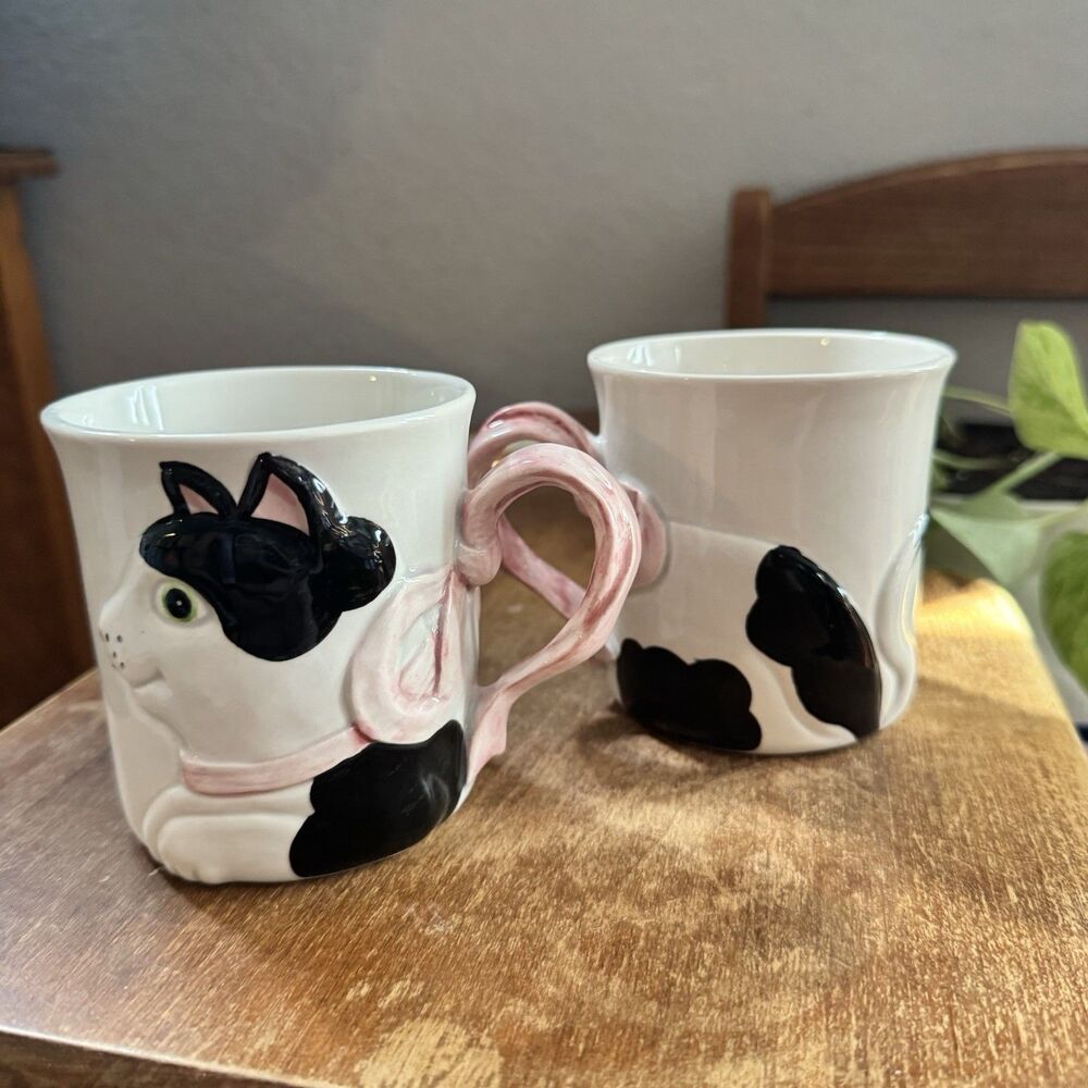 Set of 2 Ceramic Fitz and Floyd Cat Theme Mugs